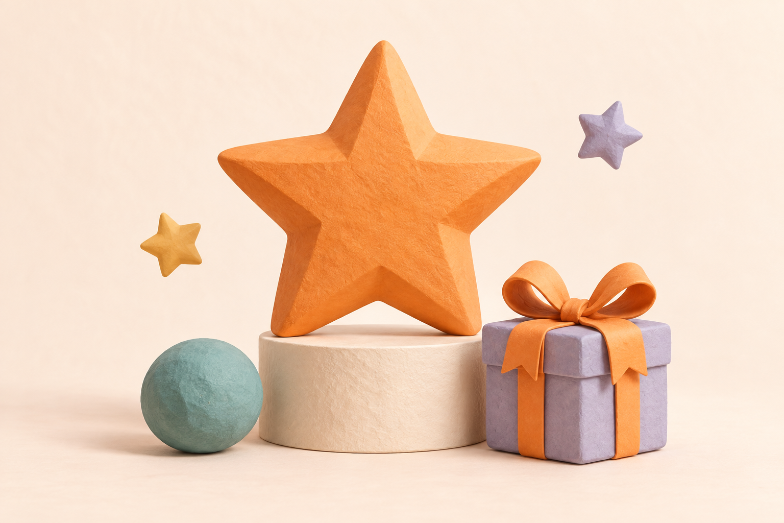A bright orange award star alongside a lavender gift, celebrating recognition and rewards